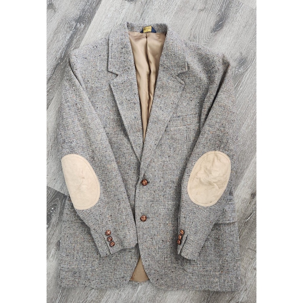 Vintage Pendleton Wool Blazer 46 Long Grey Donegal Tweed Suede Elbow Patches USA